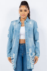 American Bazi Women's Distressed Denim Jacket - Trendy Button-Up Long Sleeve
